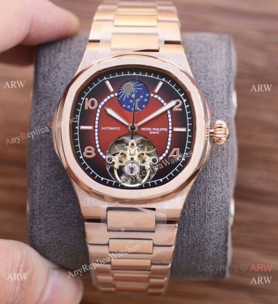Clone Patek Philippe Geneve Tourbillon Red Dial Rose Gold Watches 42mm